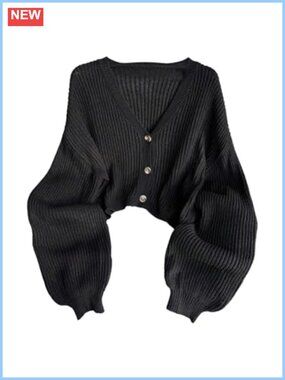 Plus Size Cropped Cardigan Button Down Rib Knit Lantern Sleeve Sweater